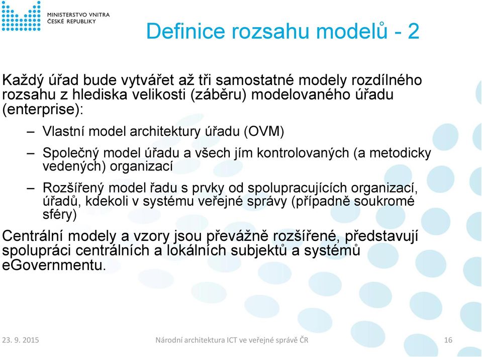 model řadu s prvky od spolupracujících organizací, úřadů, kdekoli v systému veřejné správy (případně soukromé sféry) Centrální modely a vzory jsou