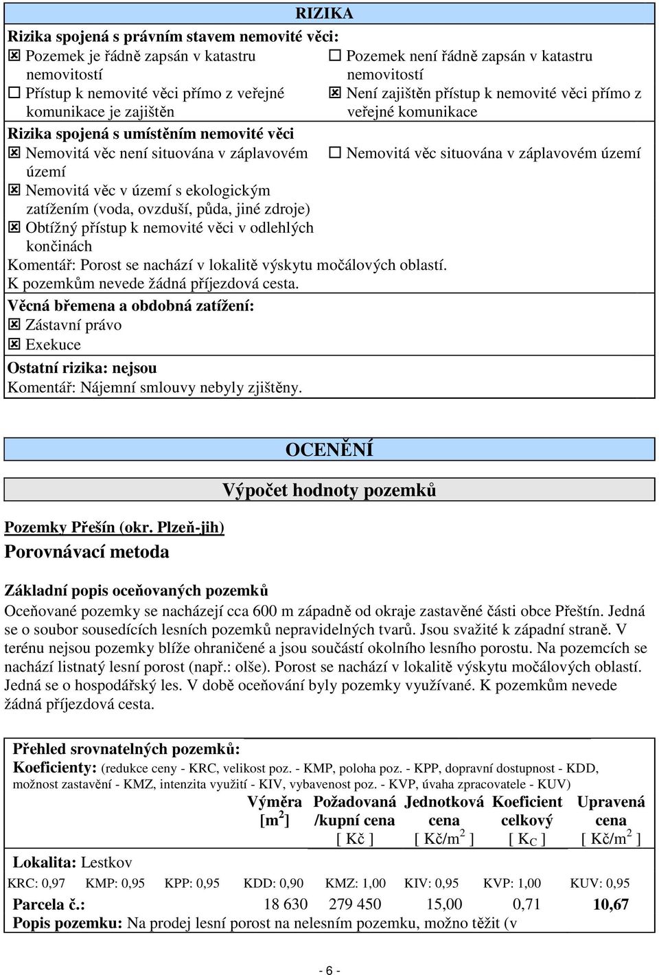 záplavovém území území Nemovitá věc v území s ekologickým zatížením (voda, ovzduší, půda, jiné zdroje) Obtížný přístup k nemovité věci v odlehlých končinách Komentář: Porost se nachází v lokalitě