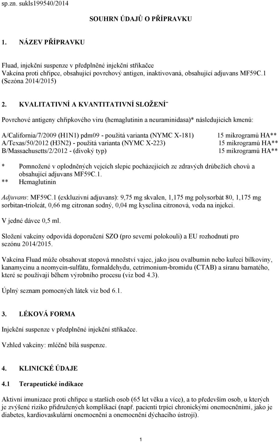 KVALITATIVNÍ A KVANTITATIVNÍ SLOŽENÍ Povrchové antigeny chřipkového viru (hemaglutinin a neuraminidasa)* následujících kmenů: A/California/7/2009 (H1N1) pdm09 - použitá varianta (NYMC X-181)