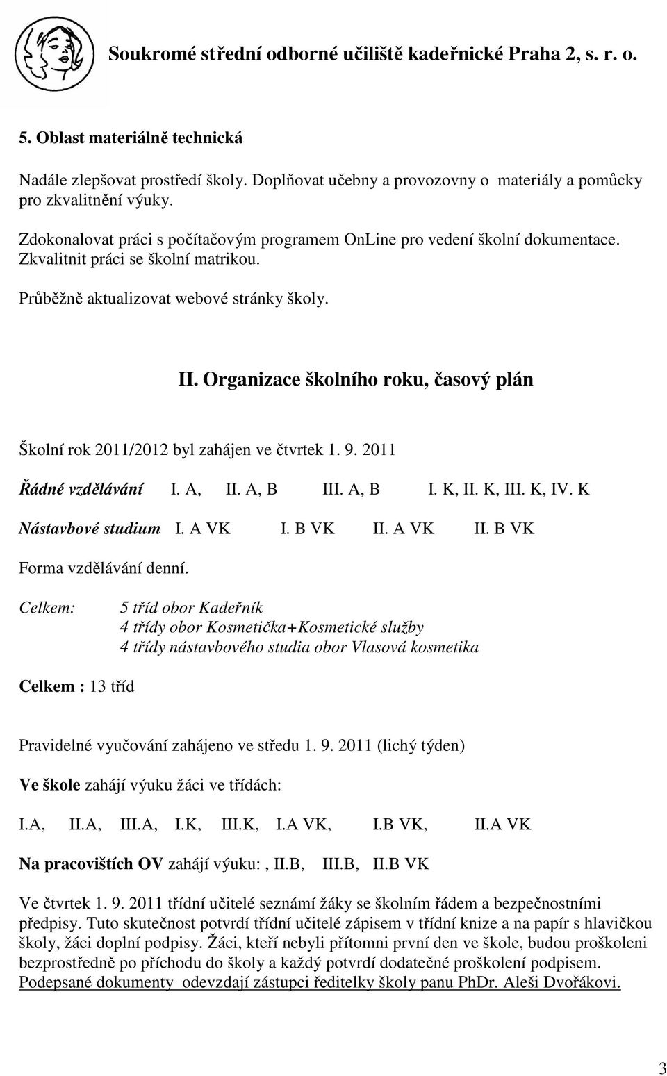 Organizace školního roku, časový plán Školní rok 2011/2012 byl zahájen ve čtvrtek 1. 9. 2011 Řádné vzdělávání I. A, II. A, B III. A, B I. K, II. K, III. K, IV. K Nástavbové studium I. A VK I. B VK II.