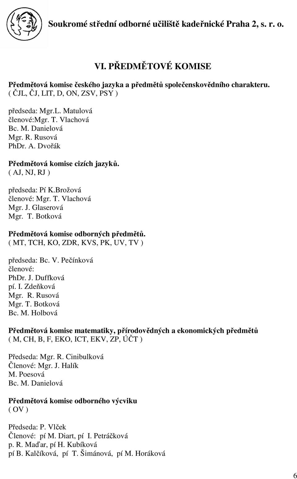 ( MT, TCH, KO, ZDR, KVS, PK, UV, TV ) předseda: Bc. V. Pečínková členové: PhDr. J. Duffková pí. I. Zdeňková Mgr. R. Rusová Mgr. T. Botková Bc. M. Holbová Předmětová komise matematiky, přírodovědných a ekonomických předmětů ( M, CH, B, F, EKO, ICT, EKV, ZP, ÚČT ) Předseda: Mgr.