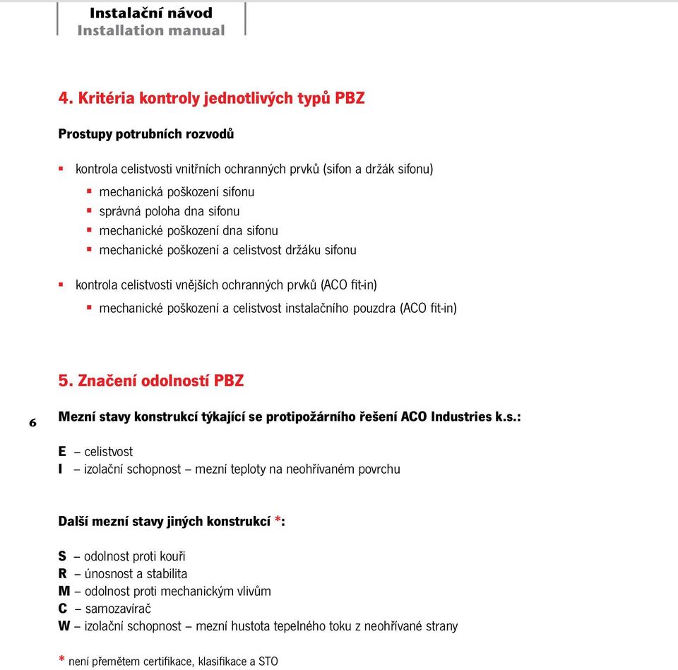 mechanické poškození dna sifonu mechanické poškození a celistvost držáku sifonu kontrola celistvosti vnějších ochranných prvků (ACO fit-in) mechanické poškození a celistvost instalačního pouzdra (ACO
