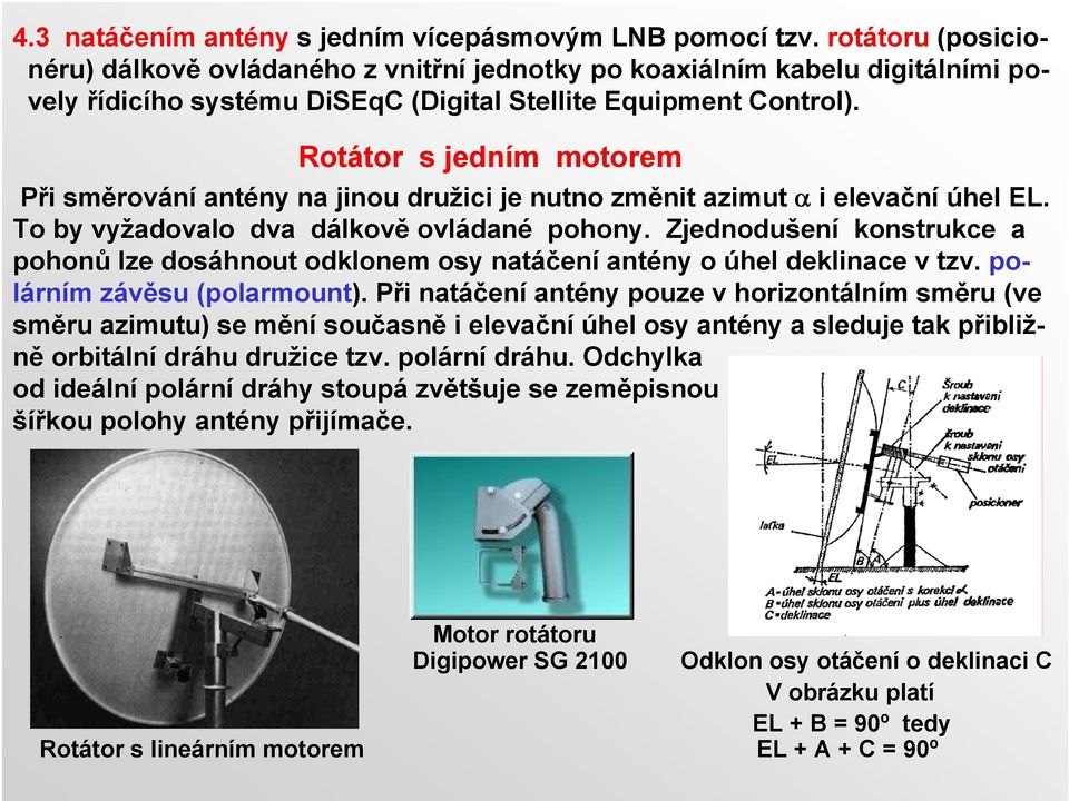 Rotátor s jedním motorem Při směrování antény na jinou družici je nutno změnit azimut α i elevační úhel EL. To by vyžadovalo dva dálkově ovládané pohony.