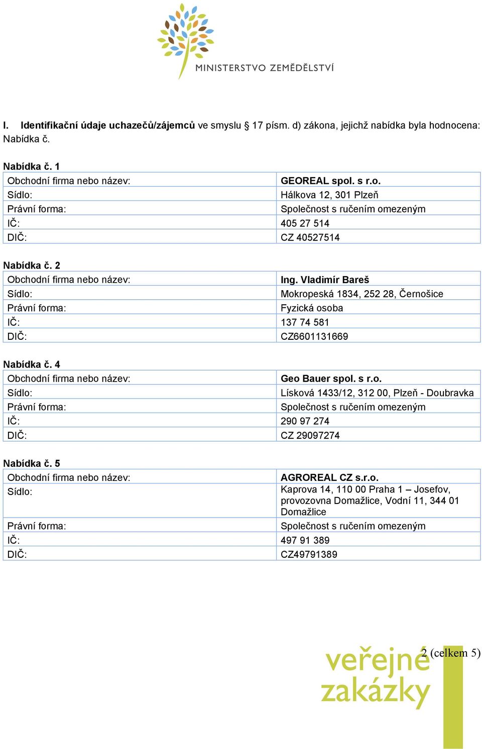 Vladimír Bareš Mokropeská 1834, 252 28, Černošice Fyzická osoba IČ: 137 74 581 CZ6601131669 Nabídka č. 4 Geo Bauer spol. s r.o. Lísková 1433/12, 312 00, Plzeň - Doubravka IČ: 290 97 274 CZ 29097274 Nabídka č.