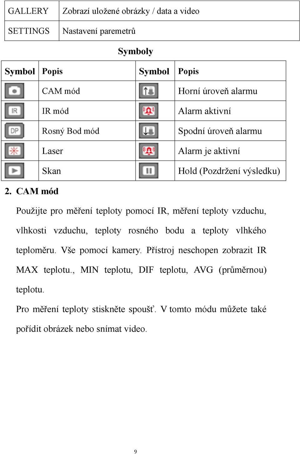 CAM mód Pouţijte pro měření teploty pomocí IR, měření teploty vzduchu, vlhkosti vzduchu, teploty rosného bodu a teploty vlhkého teploměru.