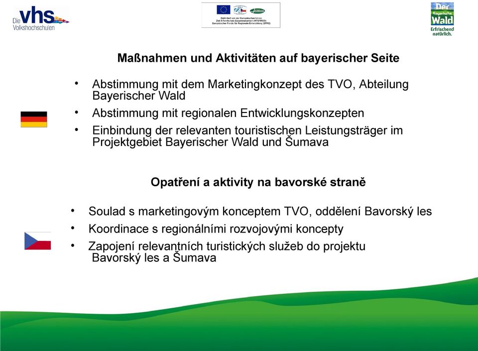 Bayerischer Wald und Šumava Opatření a aktivity na bavorské straně Soulad s marketingovým konceptem TVO, oddělení Bavorský