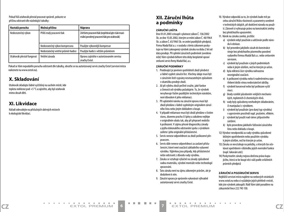 průměrem Utahovák přestal fungovat Vnitřní závada Opravu zajistěte v autorizovaném servisu značky Extol.