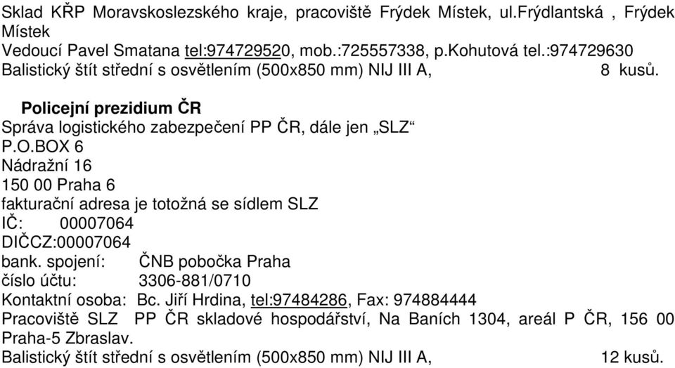 BOX 6 Nádražní 16 150 00 Praha 6 fakturační adresa je totožná se sídlem SLZ IČ: 00007064 DIČCZ:00007064 bank.