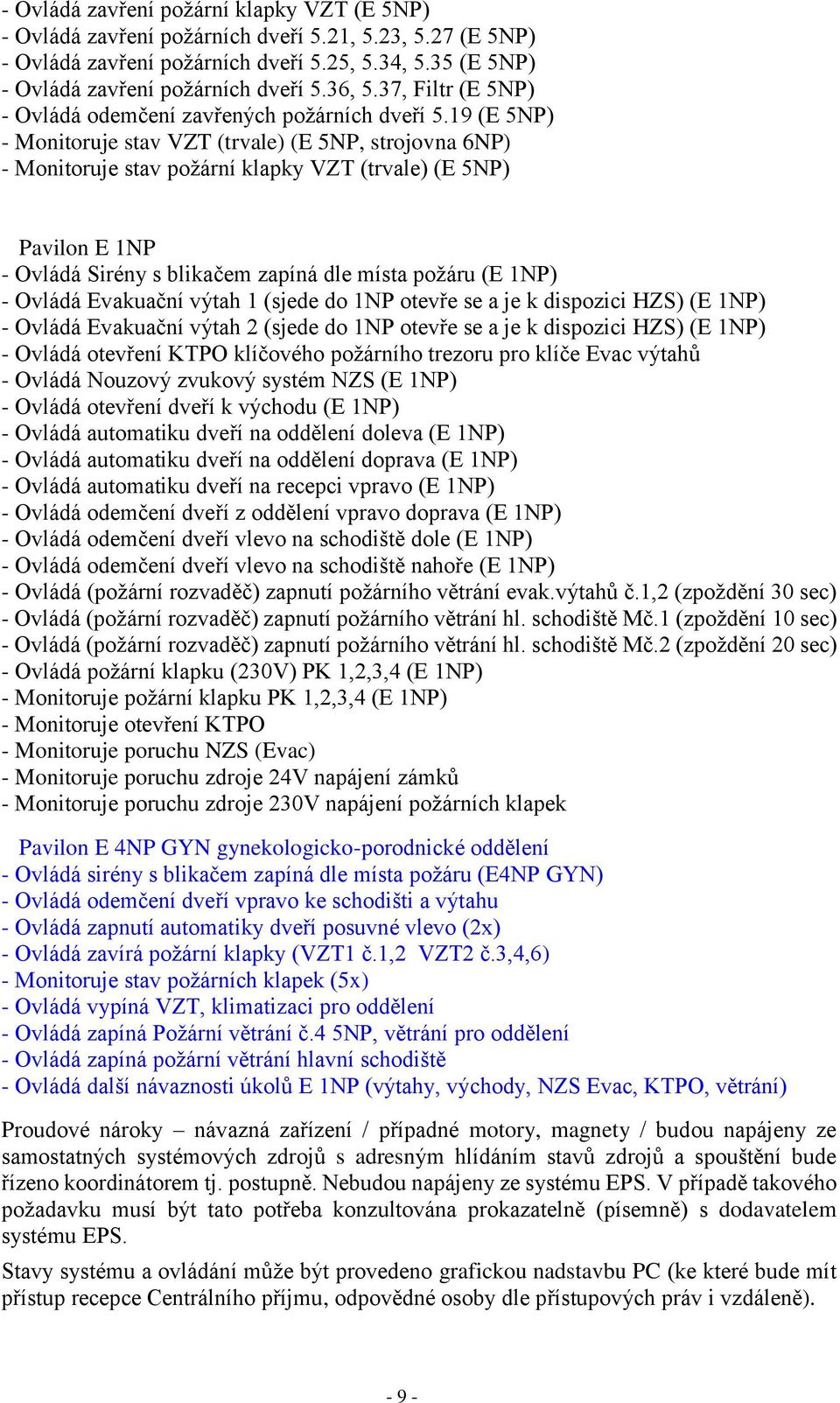 1ř (E 5NP) - Monitoruje stav VZT (trvale) (E 5NP, strojovna 6NP) - Monitoruje stav požární klapky VZT (trvale) (E 5NP) Pavilon E 1NP - Ovládá Sirény s blikačem zapíná dle místa požáru (E 1NP) -