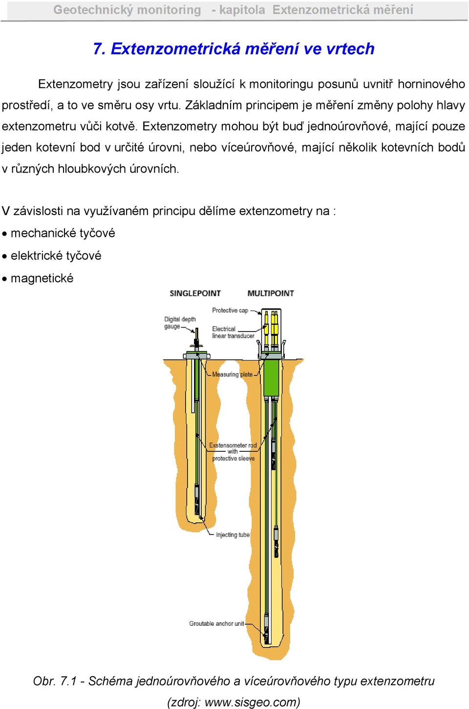 Extenzometry mohou být buď jednoúrovňové, mající pouze jeden kotevní bod v určité úrovni, nebo víceúrovňové, mající několik kotevních bodů v