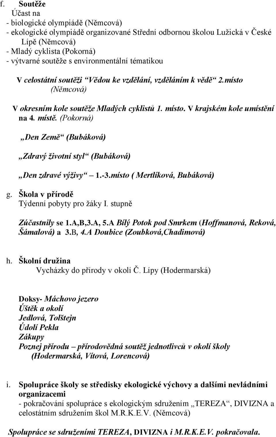 (Pokorná) Den Země (Bubáková) Zdravý životní styl (Bubáková) Den zdravé výživy 1.-3.místo ( Mertlíková, Bubáková) g. Škola v přírodě Týdenní pobyty pro žáky I. stupně Zúčastnily se 1.A,B,3.A, 5.