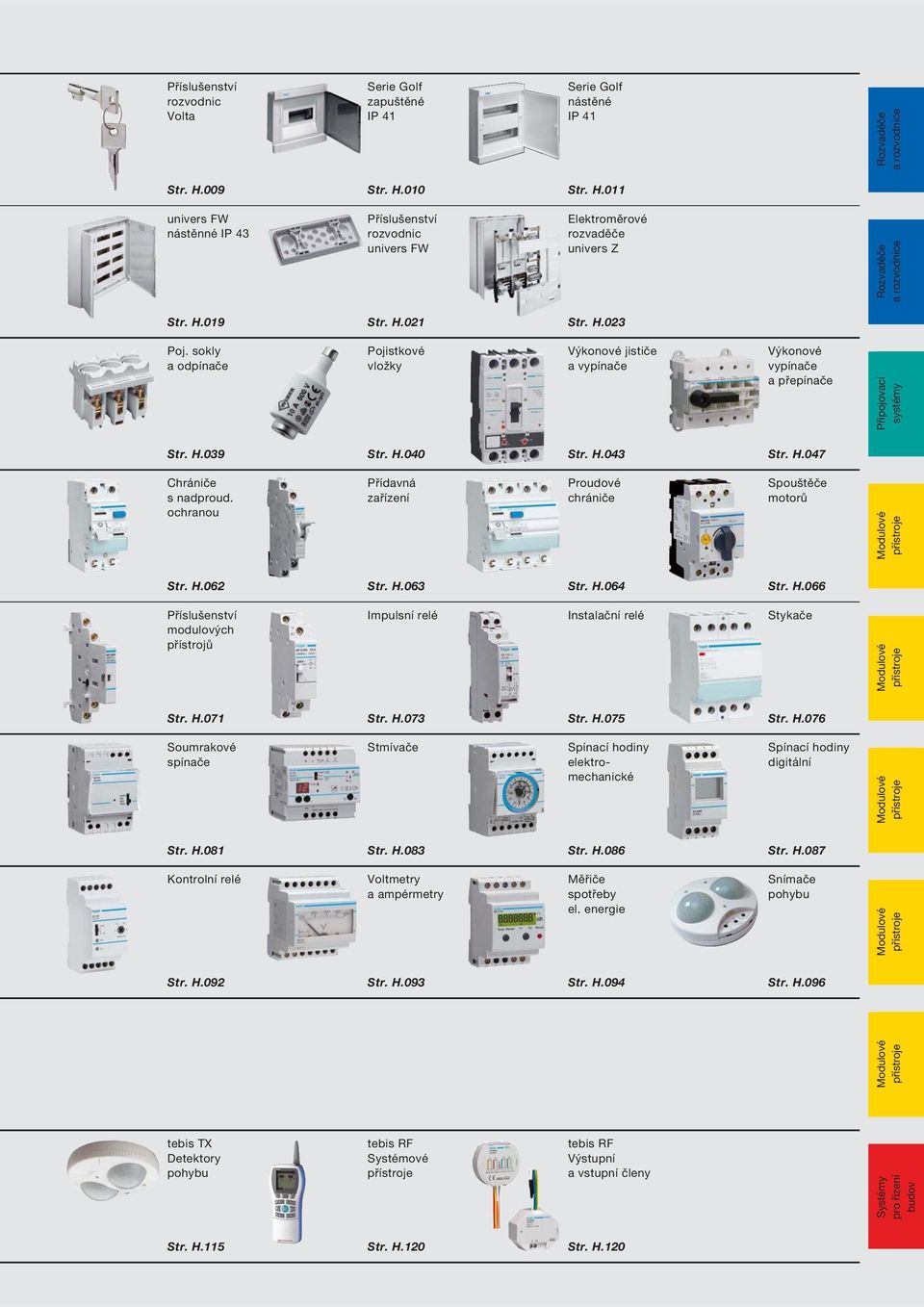 sokly a odpínače Pojistkové vložky Výkonové jističe a vypínače Výkonové vypínače a přepínače Připojovací systémy Str. H.09 Str. H.040 Str. H.04 Str. H.047 Chrániče s nadproud.