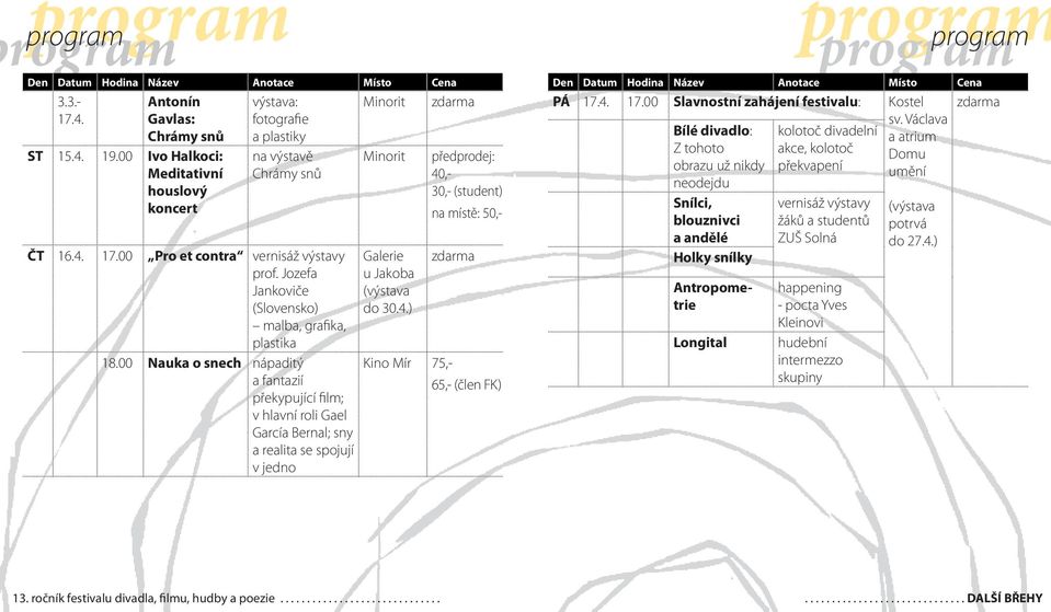 00 Ivo Halkoci: Meditativní houslový koncert ČT 16.4. 17.00 Pro et contra vernisáž výstavy prof. Jozefa Jankoviče (Slovensko) malba, grafika, plastika 18.