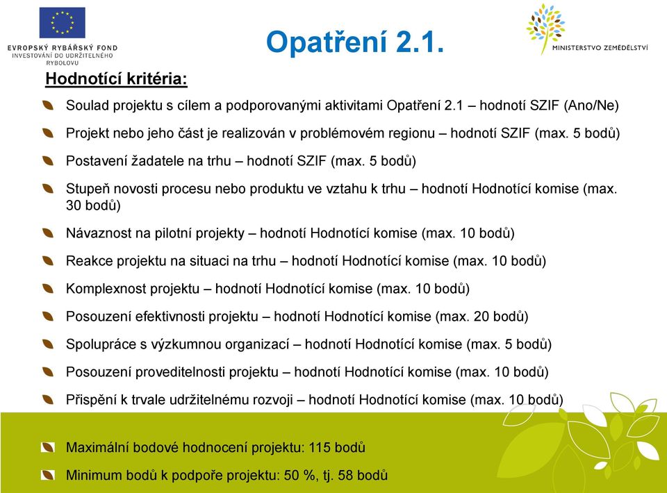 30 bodů) Návaznost na pilotní projekty hodnotí Hodnotící komise (max. 10 bodů) Reakce projektu na situaci na trhu hodnotí Hodnotící komise (max.