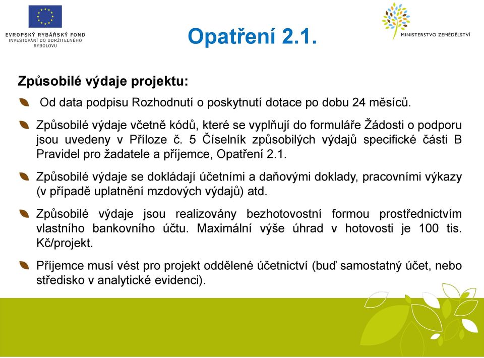 5 Číselník způsobilých výdajů specifické části B Pravidel pro žadatele a příjemce, Opatření 2.1.