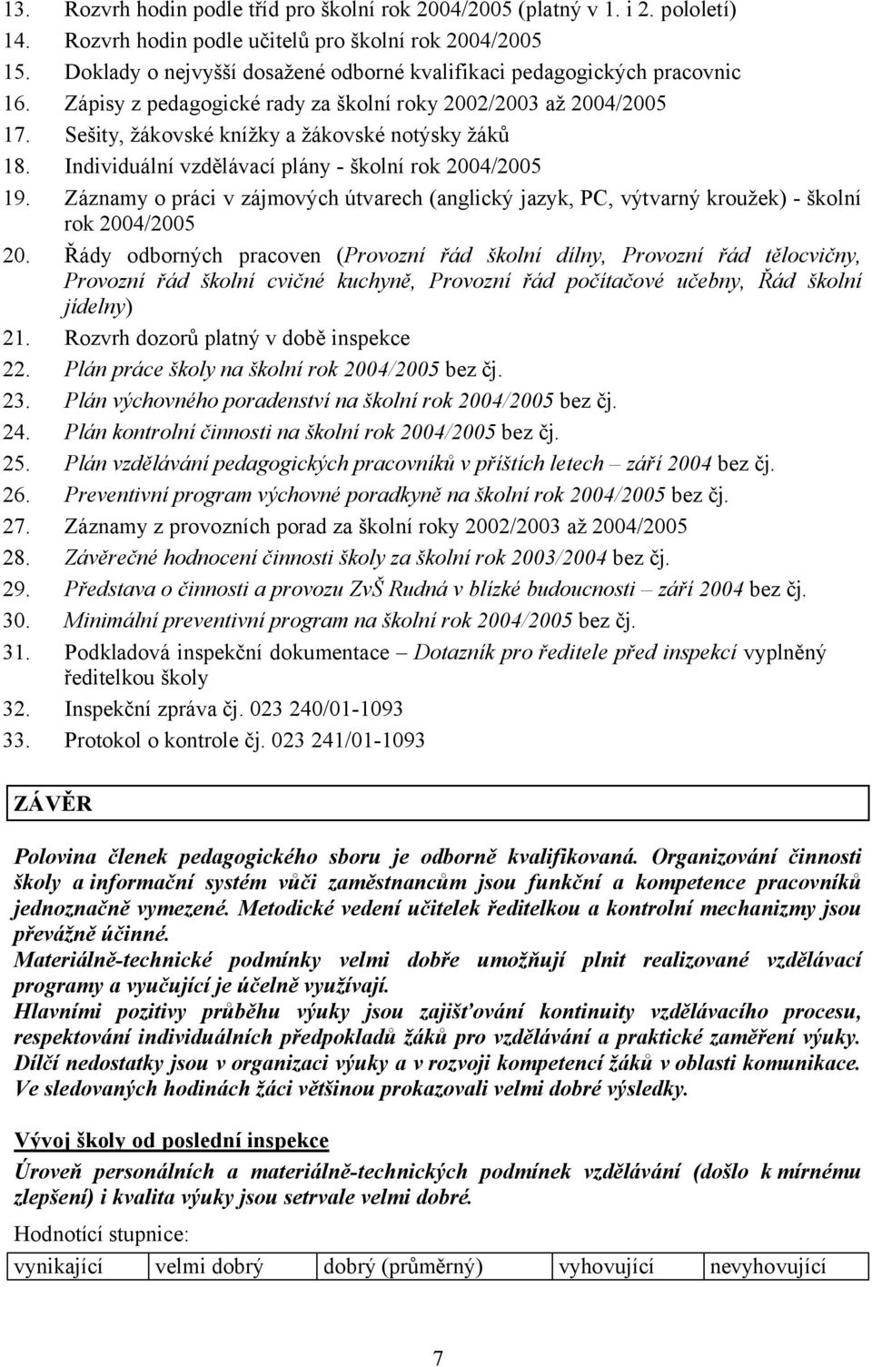 Individuální vzdělávací plány - školní rok 2004/2005 19. Záznamy o práci v zájmových útvarech (anglický jazyk, PC, výtvarný kroužek) - školní rok 2004/2005 20.