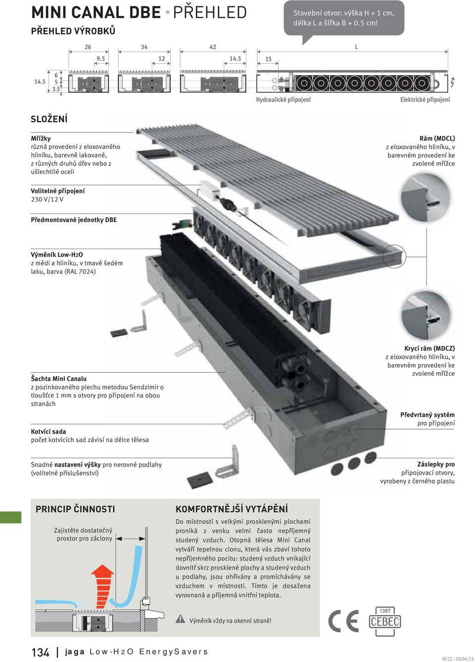 barevném provedení ke zvolené mřížce Volitelné připojení 230 V/12 V Předmontované jednotky DBE Výměník Low-H2O z mědi a hliníku, v tmavě šedém laku, barva (RAL 7024) Šachta Mini Canalu z