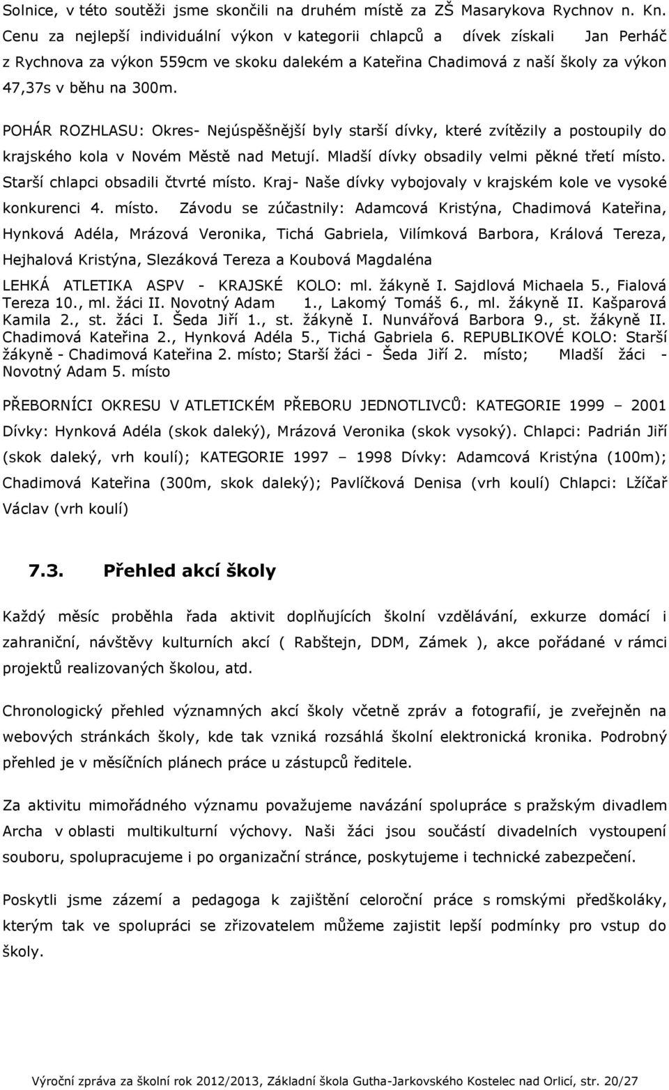 POHÁR ROZHLASU: Okres- Nejúspěšnější byly starší dívky, které zvítězily a postoupily do krajského kola v Novém Městě nad Metují. Mladší dívky obsadily velmi pěkné třetí místo.