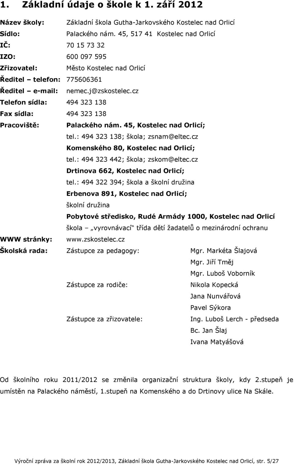 cz Telefon sídla: 494 323 138 Fax sídla: 494 323 138 Pracoviště: Palackého nám. 45, Kostelec nad Orlicí; tel.: 494 323 138; škola; zsnam@eltec.cz Komenského 80, Kostelec nad Orlicí; tel.