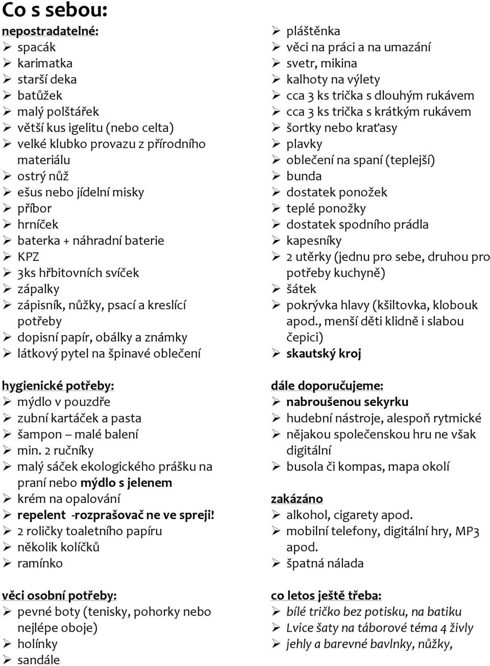 mýdlo v pouzdře zubní kartáček a pasta šampon malé balení min. 2 ručníky malý sáček ekologického prášku na praní nebo mýdlo s jelenem krém na opalování repelent -rozprašovač ne ve spreji!