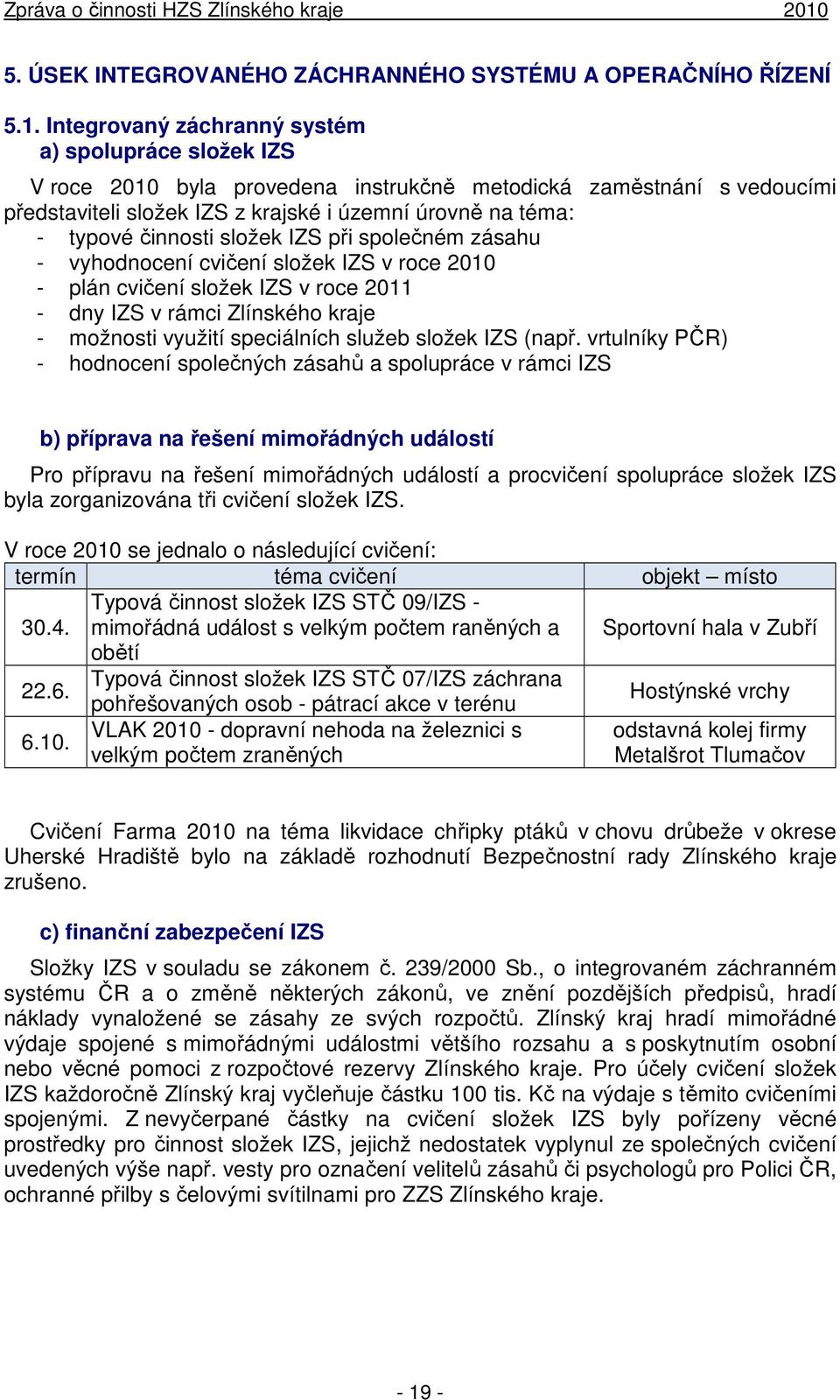 činnosti složek IZS při společném zásahu - vyhodnocení cvičení složek IZS v roce 2010 - plán cvičení složek IZS v roce 2011 - dny IZS v rámci Zlínského kraje - možnosti využití speciálních služeb