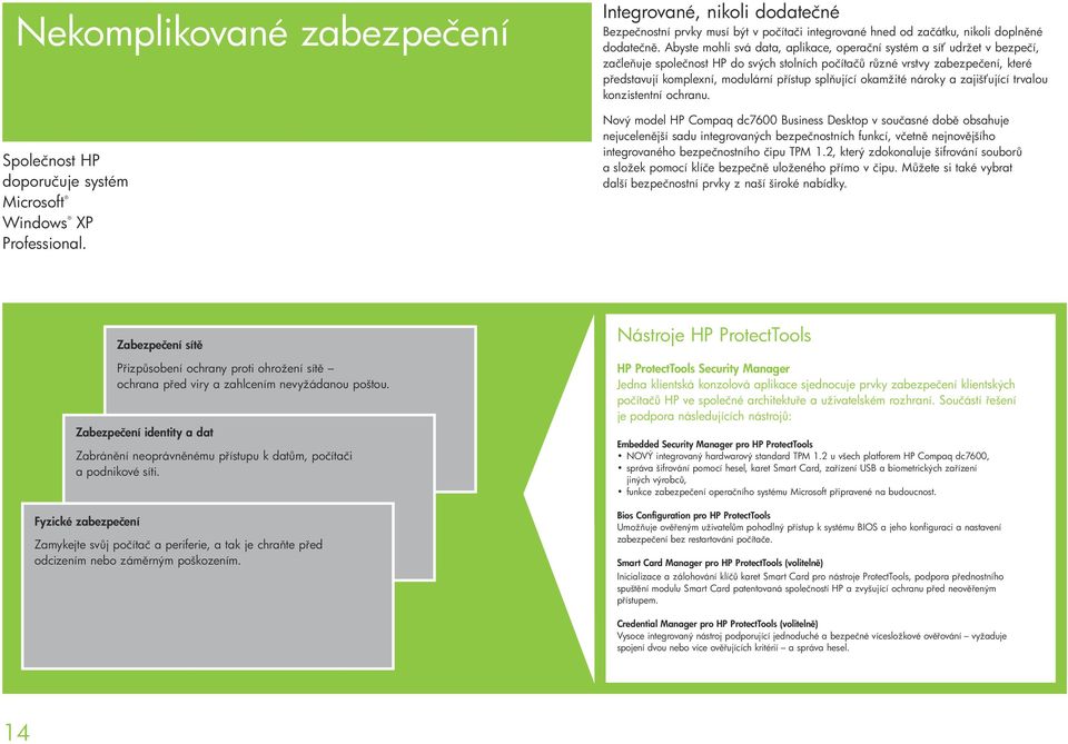 Abyste mohli svá data, aplikace, operační systém a sí udržet v bezpečí, začle uje společnost HP do svých stolních počítač r zné vrstvy zabezpečení, které p edstavují komplexní, modulární p ístup spl