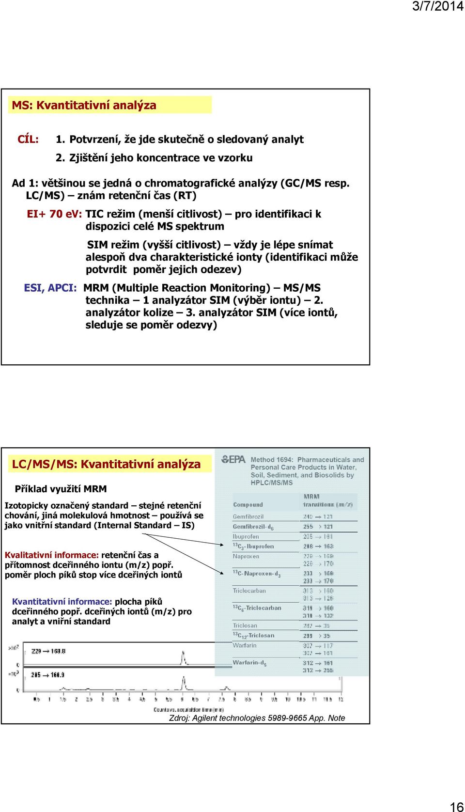 (identifikaci může potvrdit poměr jejich odezev) ESI, APCI: MRM (Multiple Reaction Monitoring) MS/MS technika 1 analyzátor SIM (výběr iontu) 2. analyzátor kolize 3.