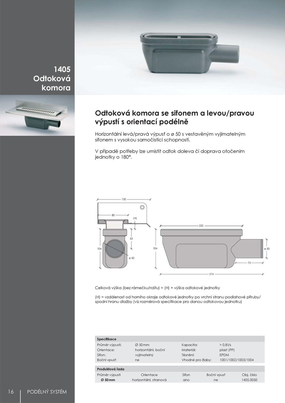 150 80 (H) 220 53 104 104 ø 50 ø 50 73 274 Celková výška (bez rámečku/roštu) = (H) + výška odtokové jednotky (H) = vzdálenost od horního okraje odtokové jednotky po vrchní stranu podlahové příruby/