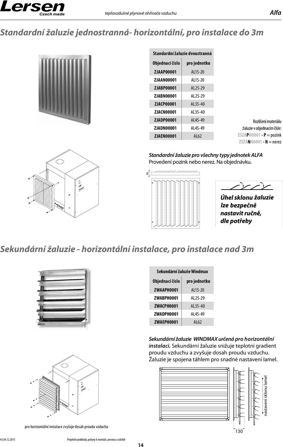 nerez Standardní žaluzie pro všechny typy jednotek ALFA Provedení pozink nebo nerez. Na objednávku.