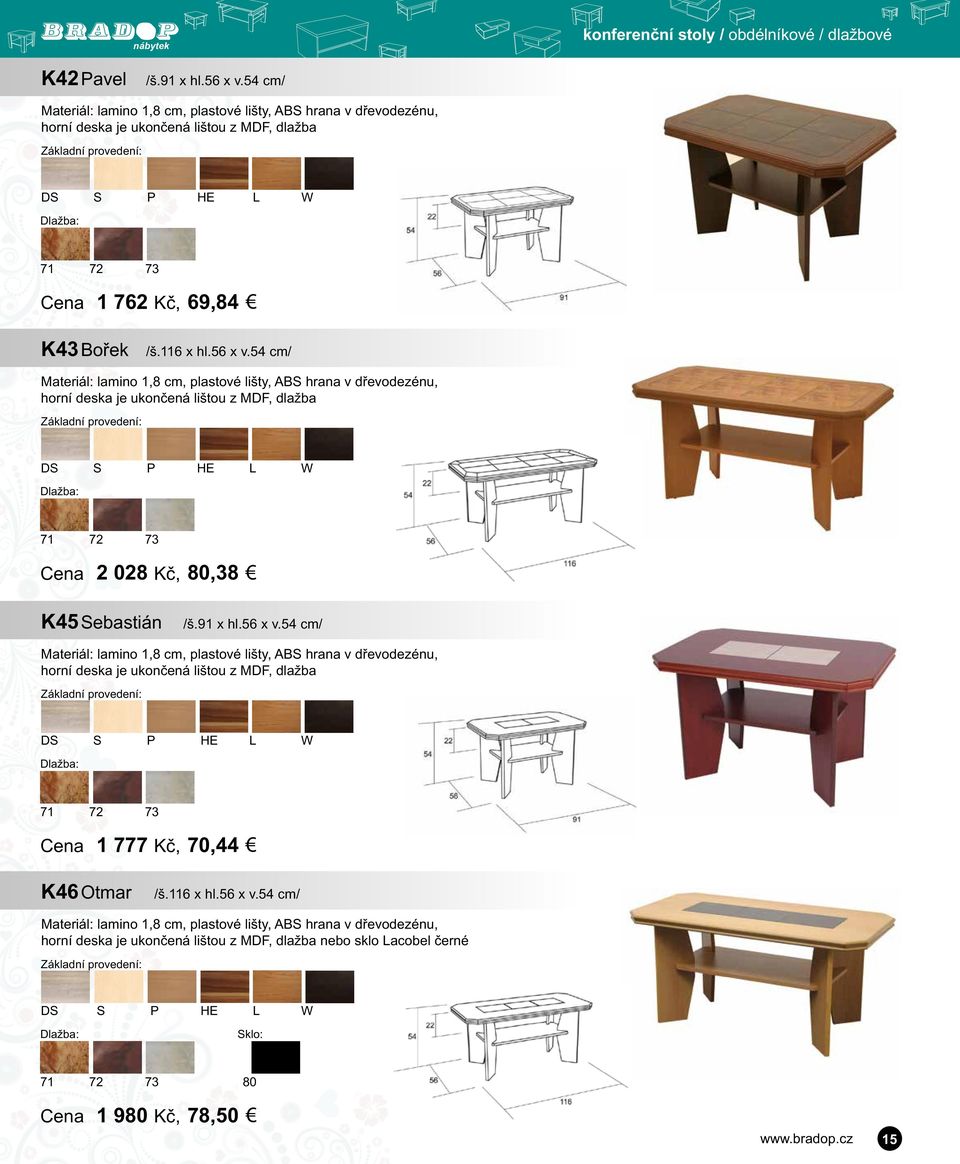 54 cm/ Materiál: lamino 1,8 cm, plastové lišty, ABS hrana v dřevodezénu, horní deska je ukončená lištou z MDF, dlažba DS S P HE L W Dlažba: 71 72 73 Cena 2 028 Kč, 80,38 K45 Sebastián /š.91 x hl.