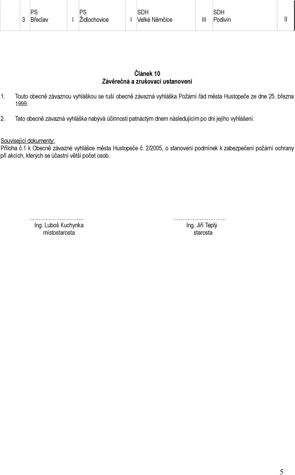 . března 1999. 2. Tato obecně závazná vyhláška nabývá účinnosti patnáctým dnem následujícím po dni jejího vyhlášení.