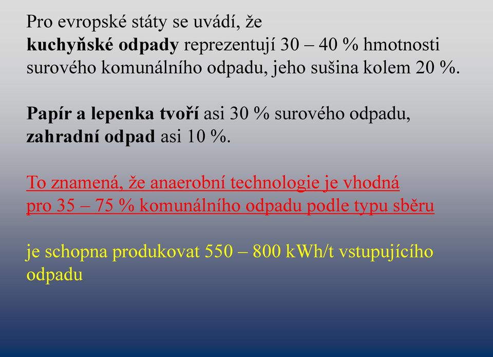 Papír a lepenka tvoří asi 30 % surového odpadu, zahradní odpad asi 10 %.