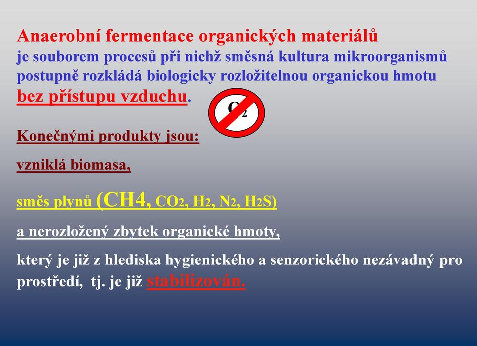 Konečnými produkty jsou: vzniklá biomasa, O 2 směs plynů (CH4, CO2, H2, N2, H2S) a nerozložený zbytek