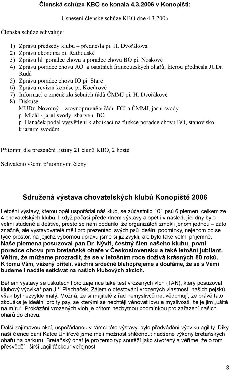 Rudá Zprávu poradce chovu IO pí. Staré Zprávu revizní komise pí. Kocúrové Informaci o změně zkušebních řádů ČMMJ pí. H. Dvořákové Diskuse MUDr. Novotný zrovnoprávnění řádů FCI a ČMMJ, jarní svody p.