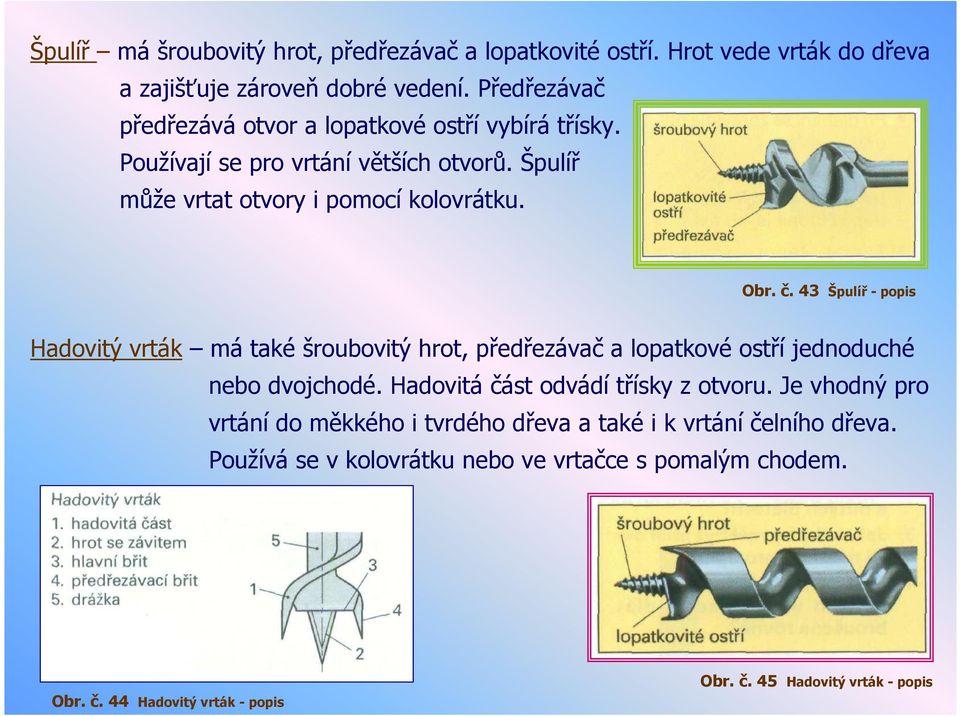 43 Špulíř - popis Hadovitý vrták má také šroubovitý hrot, předřezávač a lopatkové ostří jednoduché nebo dvojchodé. Hadovitá část odvádí třísky z otvoru.