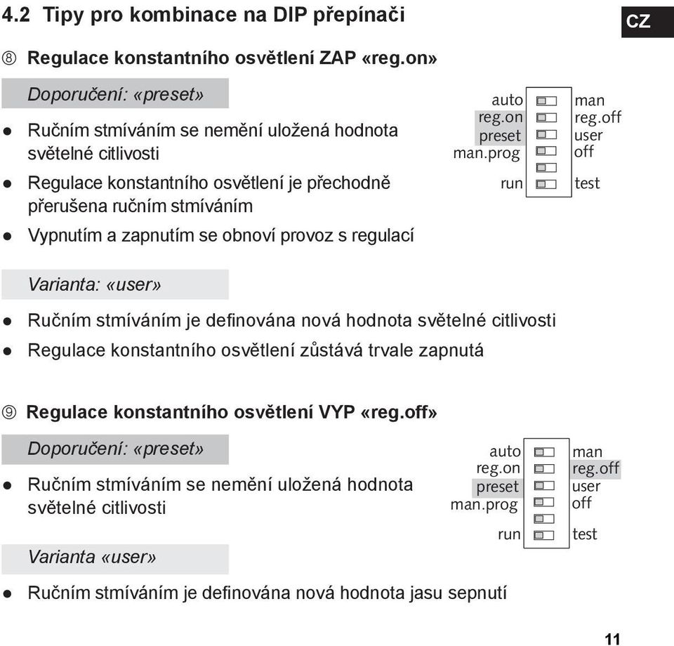 obnoví provoz s regulací Varianta: «user» auto reg.on preset man.prog run man reg.