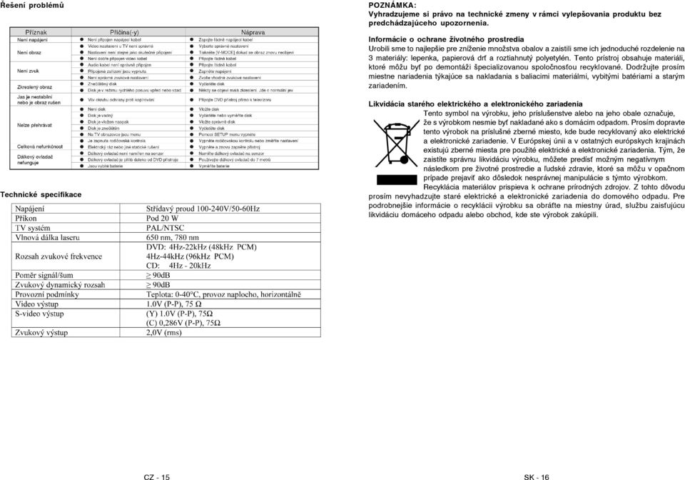 Tento prístroj obsahuje materiáli, ktoré môžu by po demontáži špecializovanou spoločnos ou recyklované.