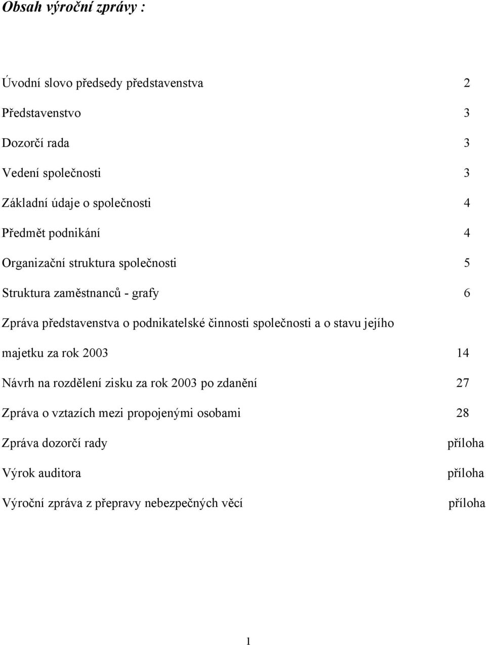 podnikatelské činnosti společnosti a o stavu jejího majetku za rok 2003 14 Návrh na rozdělení zisku za rok 2003 po zdanění 27 Zpráva