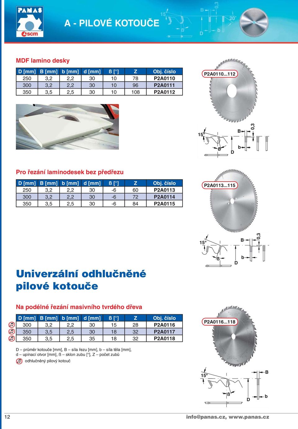 ..115 0,3 Univerzální odhlučněné pilové kotouče Na podélné řezání masivního tvrdého dřeva [mm] [mm] [mm] d [mm] [ ] Z Oj.