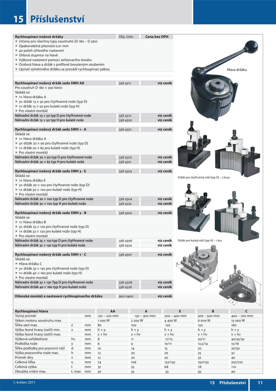držák s profilově broušeným ozubením Upnutí výměnného držáku se provádí rychloupínací pákou Hlava držáku Rychloupínací nožový držák sada SWH AA 338 4311 viz ceník Pro soustruh D 180 300 Vario Skládá
