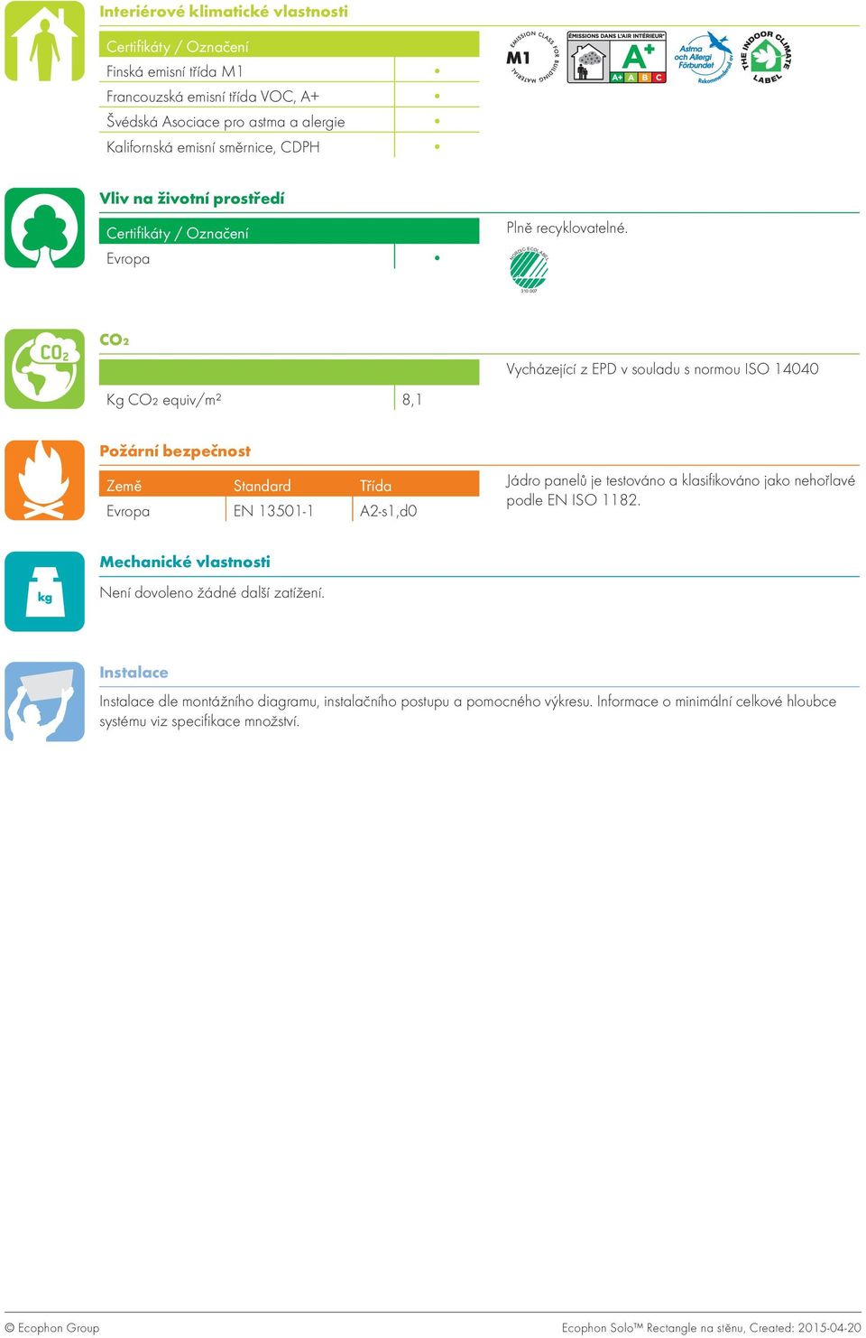 NORDIC ECOLABEL 310 007 CO₂ Kg CO₂ equiv/m² 8,1 Vycházející z EPD v souladu s normou ISO 14040 Požární bezpečnost Země Standard Třída Evropa EN 13501-1 A2-s1,d0 Jádro panelů je