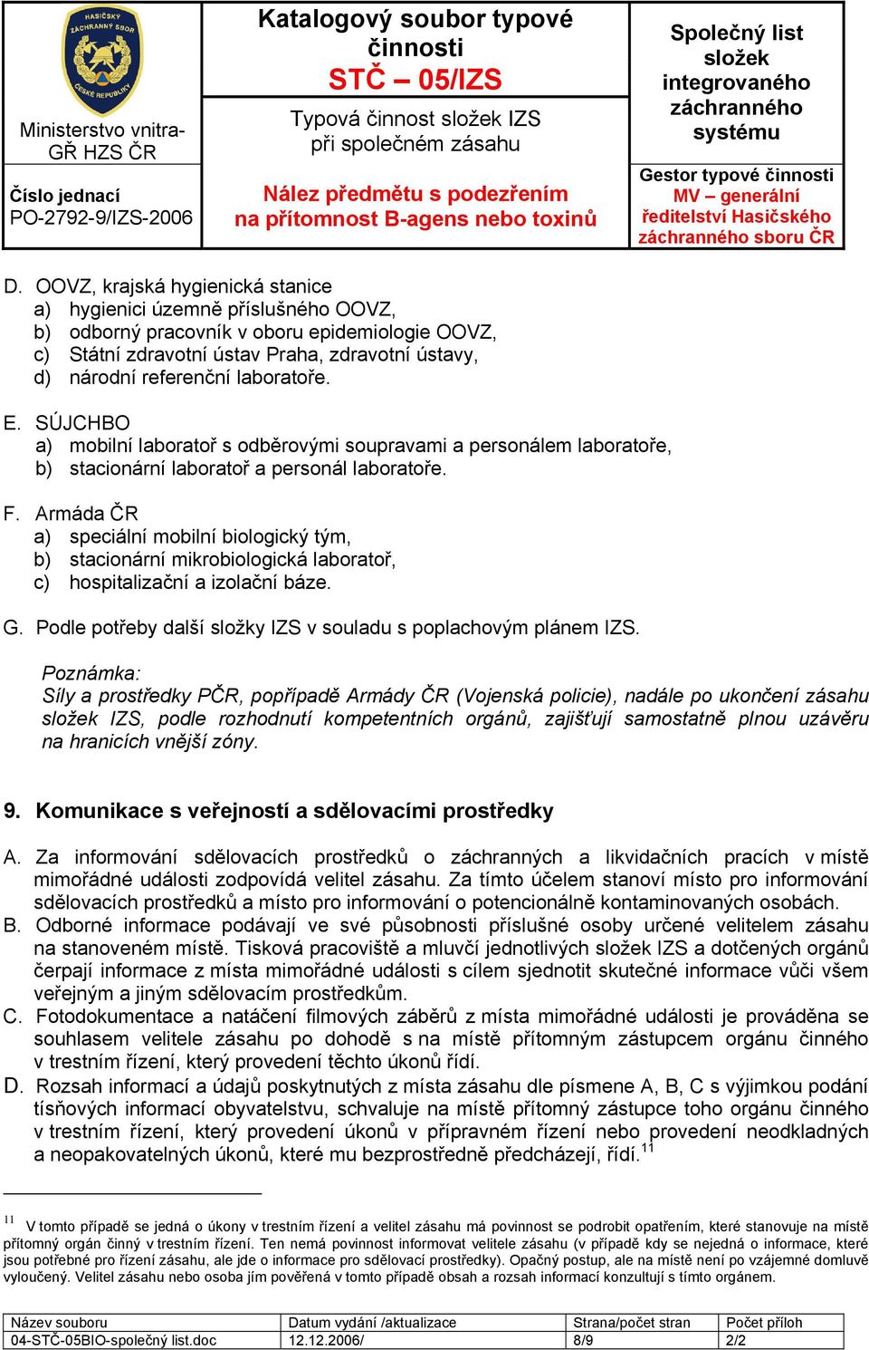 laboratoře. E. SÚJCHBO a) mobilní laboratoř s odběrovými soupravami a personálem laboratoře, b) stacionární laboratoř a personál laboratoře. F.