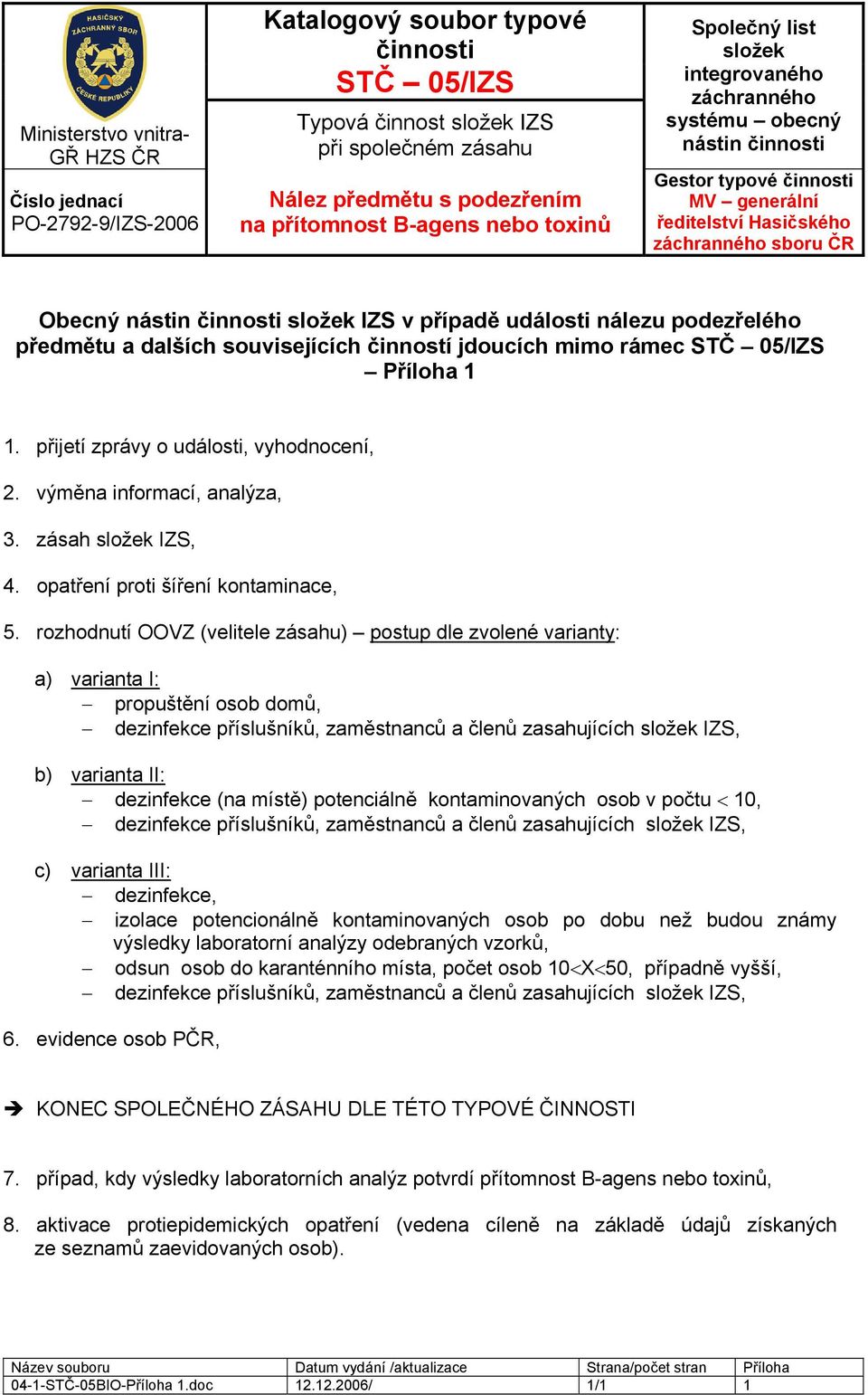 rozhodnutí OOVZ (velitele zásahu) postup dle zvolené varianty: a) varianta I: propuštění osob domů, dezinfekce příslušníků, zaměstnanců a členů zasahujících složek IZS, b) varianta II: dezinfekce (na