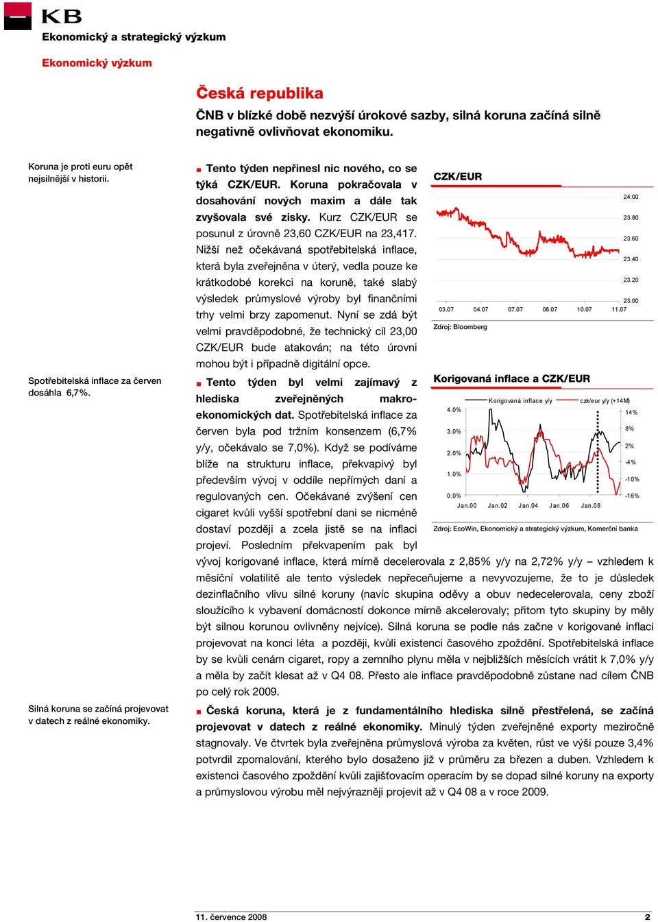 Koruna pokračovala v dosahování nových maxim a dále tak zvyšovala své zisky. Kurz CZK/EUR se posunul z úrovně 23,60 CZK/EUR na 23,417.