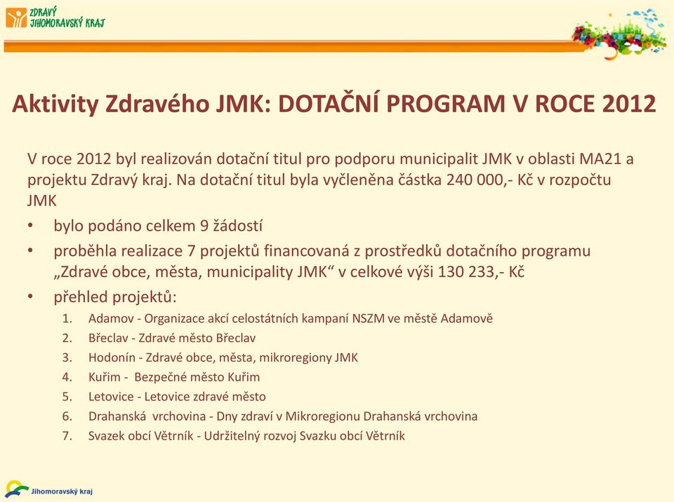 municipality JMK v celkové výši 130 233,- Kč přehled projektů: 1. Adamov - Organizace akcí celostátních kampaní NSZM ve městě Adamově 2. Břeclav - Zdravé město Břeclav 3.