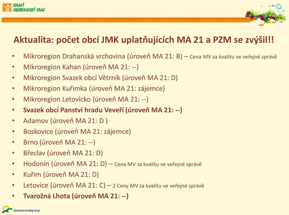 MA 21: D) Mikroregion Kuřimka (úroveň MA 21: zájemce) Mikroregion Letovicko (úroveň MA 21: --) Svazek obcí Panství hradu Veveří (úroveň MA 21: --) Adamov (úroveň MA