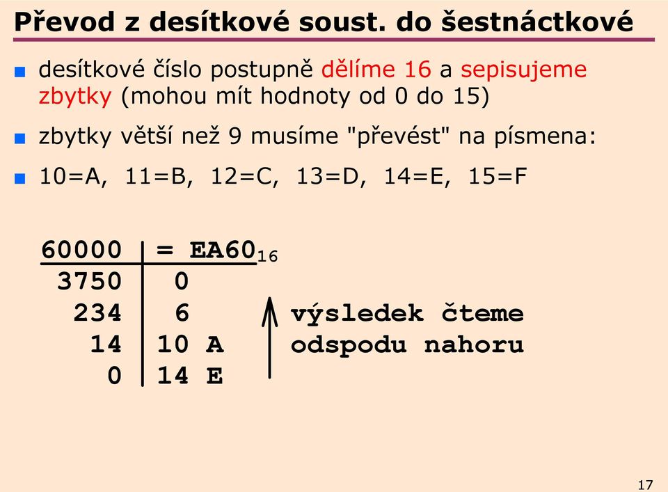 (mohou mít hodnoty od 0 do 15) zbytky větší než 9 musíme "převést" na