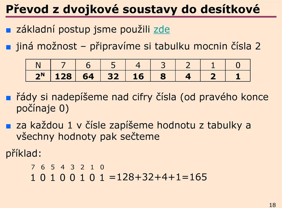 počínaje 0) za každou 1 v čísle zapíšeme hodnotu z tabulky a všechny hodnoty pak sečteme