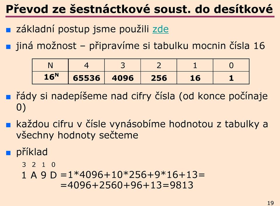 čísla 16 řády si nadepíšeme nad cifry čísla (od konce počínaje 0) každou cifru v čísle