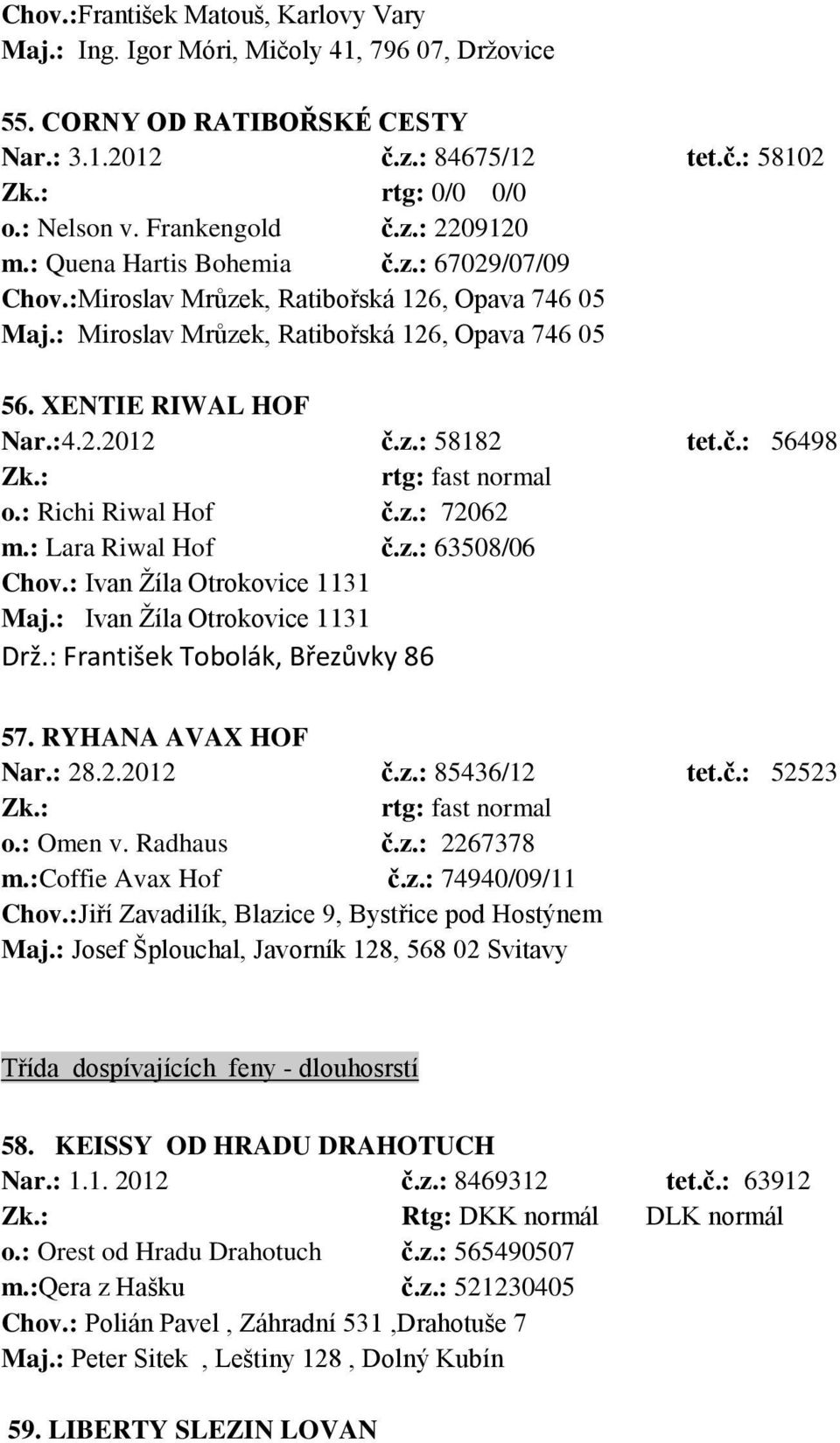 :4.2.2012 č.z.: 58182 tet.č.: 56498 Zk.: rtg: fast normal o.: Richi Riwal Hof č.z.: 72062 m.: Lara Riwal Hof č.z.: 63508/06 Chov.: Ivan Žíla Otrokovice 1131 Maj.: Ivan Žíla Otrokovice 1131 Drž.